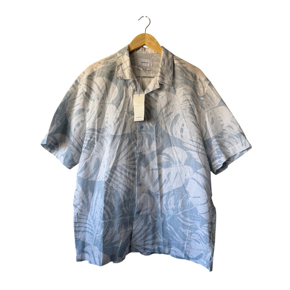 Reserved Mens XL Linen Blend Tropical Monstera Leaf Short Sleeve Camp Shirt Blue